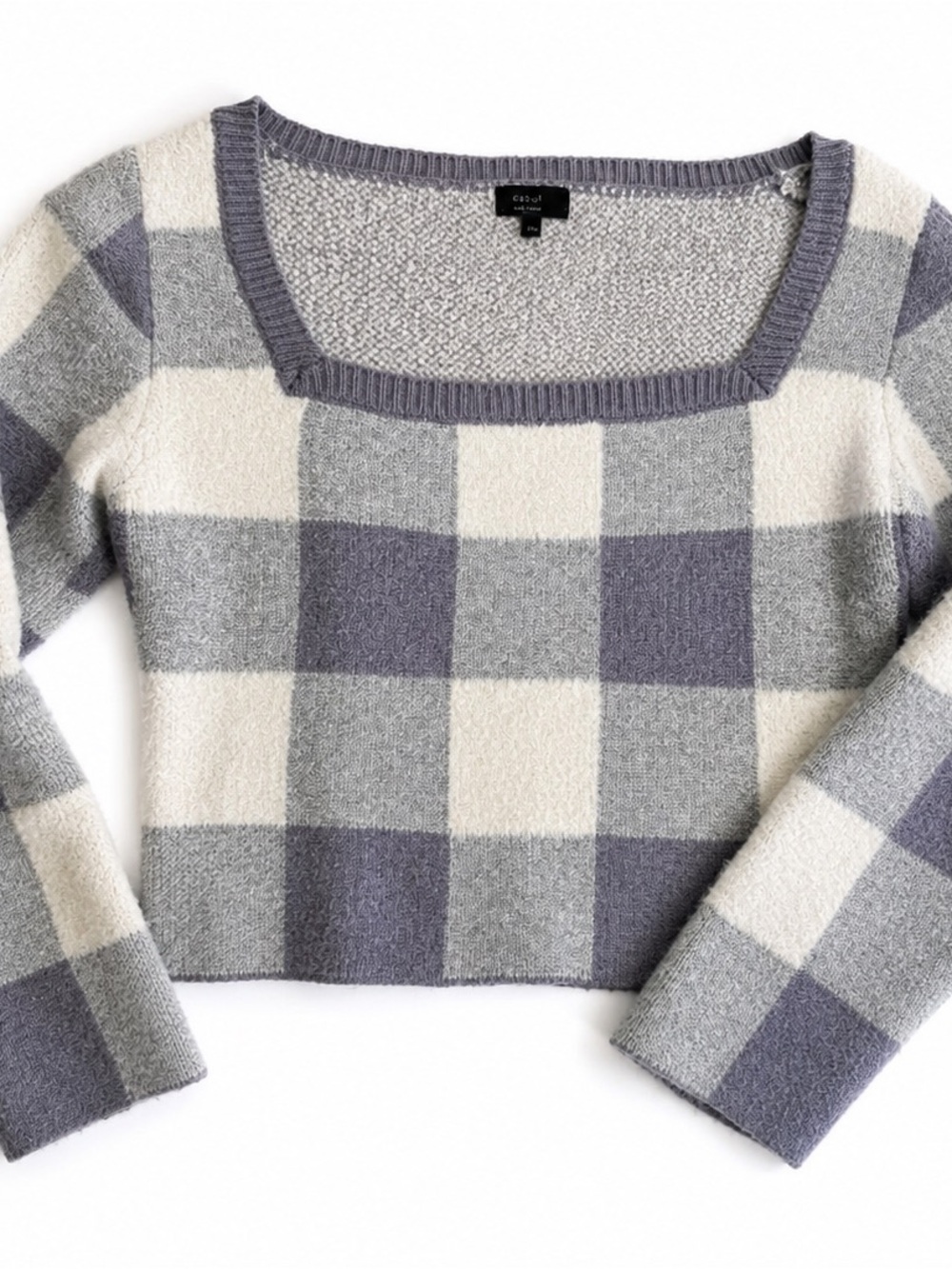 Cozy Plaid Square-Neck Cropped Sweater - Gray & White